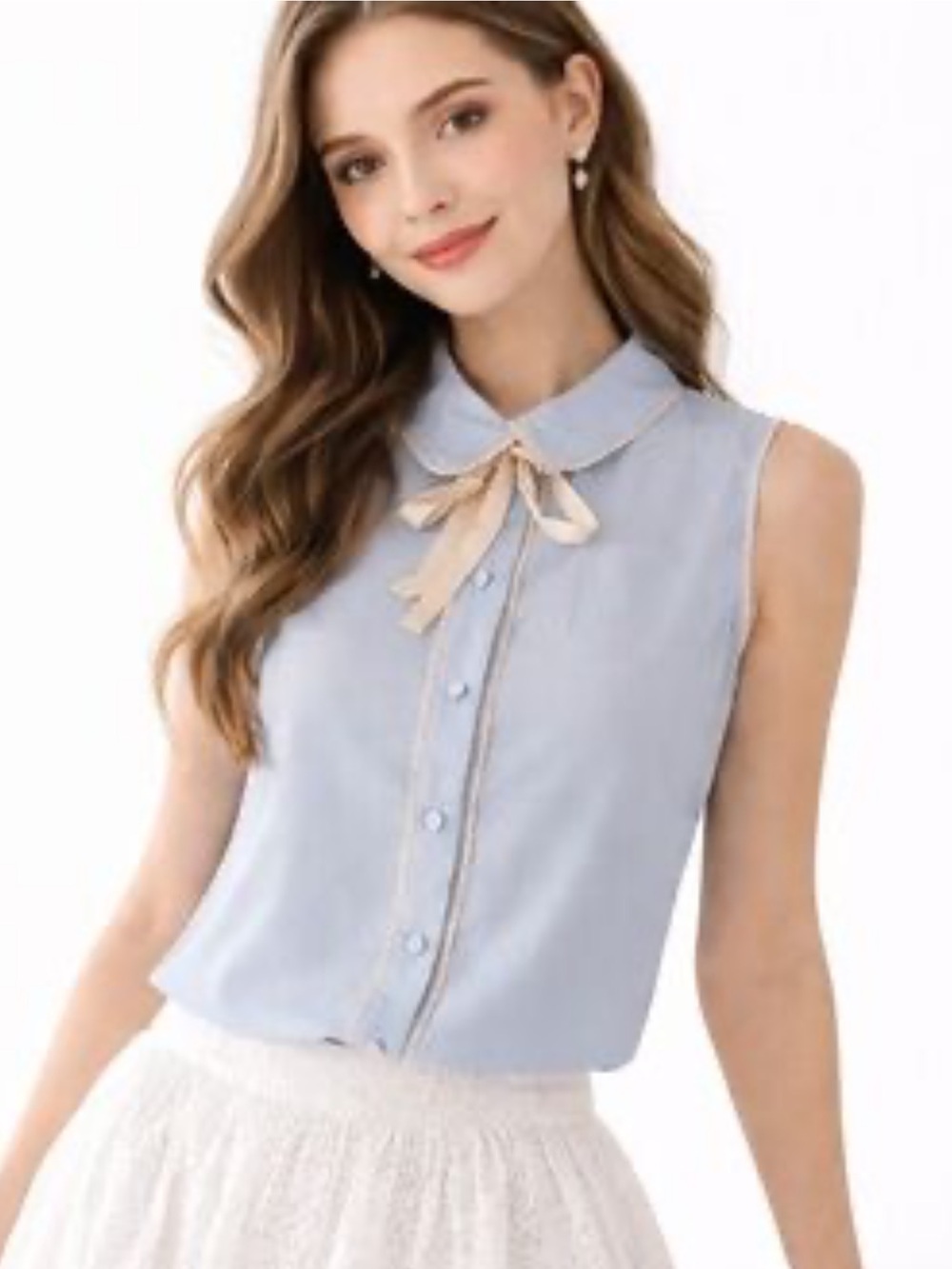 Tulip B Sleeveless Bow-Tie Collar Blouse Light Blue,Cream Vintage Inspired. Sz M
